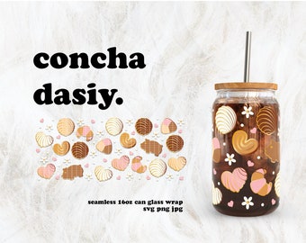 Concha Daisy Cafecito y Chisme Valentijnsdag SVG voor UV-DTF 16oz blikje glasfolie | Digitale download