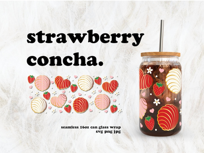 May include: A clear glass can-shaped cup with a bamboo lid and a stainless steel straw. The cup is decorated with a repeating pattern of strawberries, concha pastries, and hearts. The words "strawberry concha" are printed on the image.