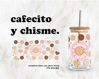 Cafecito y Chisme SVG para envoltorio de vidrio para lata de 16 oz con efecto UV DTF / Descarga digital