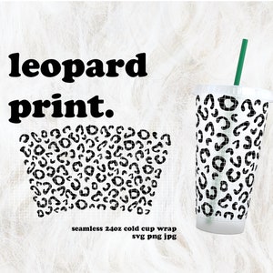 Könnte beinhalten: Ein nahtloses Leopardenmuster für eine 24 oz kalte Becherhülle. Das Design ist schwarz auf weiß und enthält den Text "leopard print" und "seamless 24oz cold cup wrap svg png jpg".