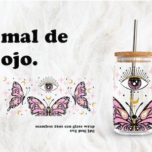 Pink Mal de Ojo Evil Eye Butterfly Valentine&#39;s Day SVG for UV DTF 16oz Can Glass Wrap | Digital Download