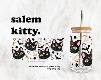 Salem Kitty Cat Halloween SVG dla UV DTF 16oz Can Glass Wrap | Pobieranie cyfrowe