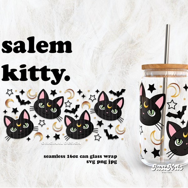 Salem Kitty Cat Halloween SVG for UV DTF 16oz Can Glass Wrap | Digital Download