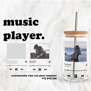 May include: A customisable 16oz glass tumbler with a music player design. The tumbler features a photo of a couple holding hands on a beach. The music player design includes a song title, artist name, and play/pause buttons. The text "Gust Fris Designs" is also visible on the tumbler.