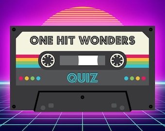 May include: A retro-style cassette tape with the text "ONE HIT WONDERS QUIZ" on it. The cassette tape is on a grid background with a pink and purple gradient.