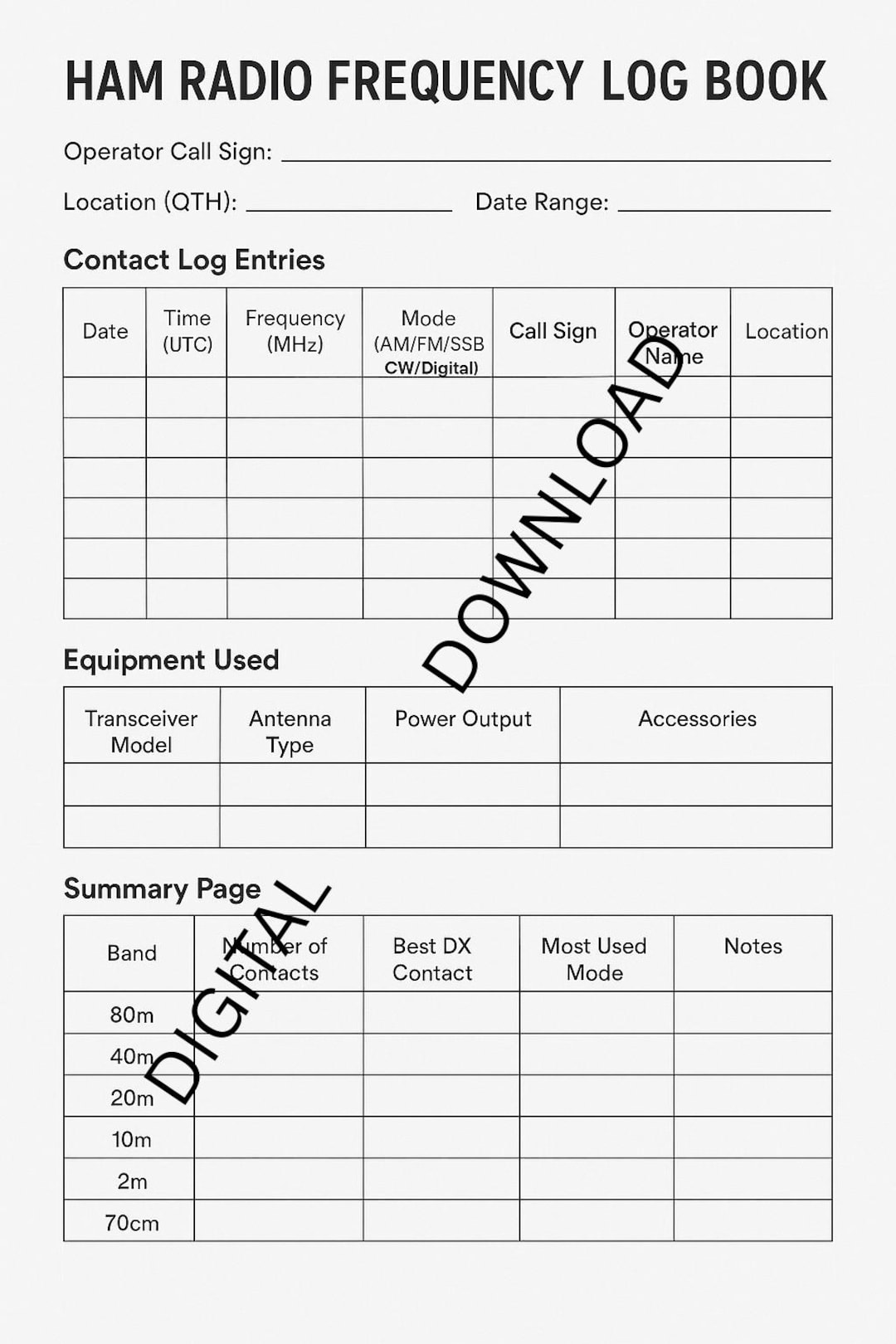 Radio Log HAM Radio Frequency Log Sheet (PDF) - Etsy