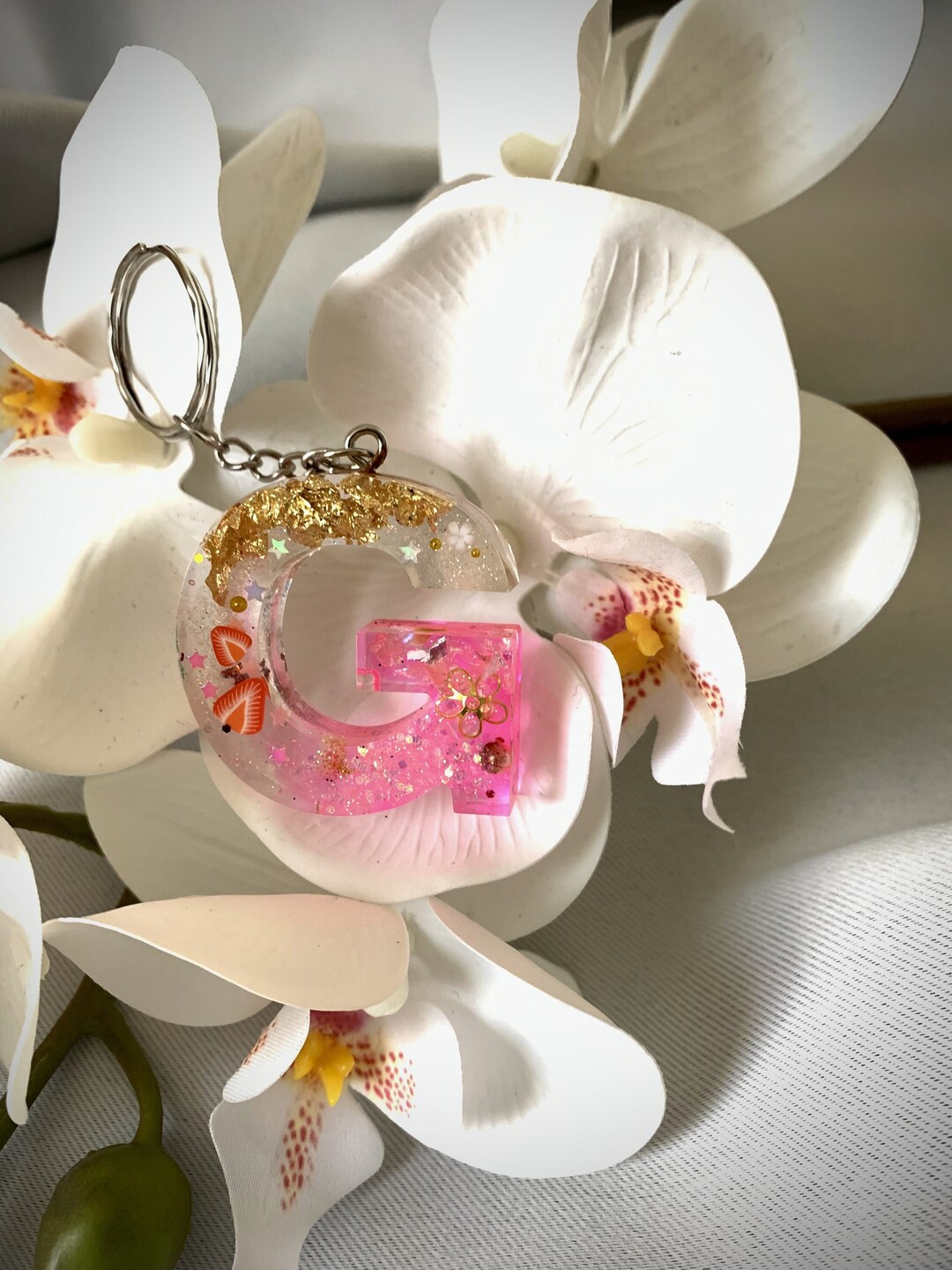 Charming Custom Initial Resin Keychain With Mini Strawberries Handmade