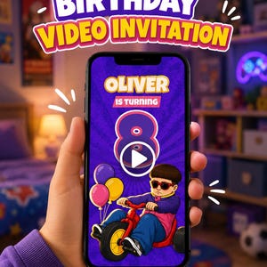 May include: A smartphone screen displaying a digital birthday video invitation with the text "OLIVER IS TURNING 8". The graphic features a cartoon character with a bowl cut and sunglasses riding a red tricycle, accompanied by colorful balloons.