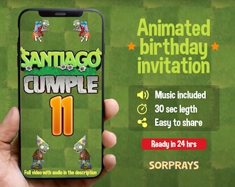 Plants vs Zombies Animated Birthday Invitation, Personalized Video Game Invitation