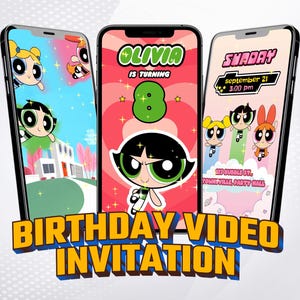 Puede incluir: Tres teléfonos inteligentes que muestran coloridas invitaciones de cumpleaños con personajes de dibujos animados. Las invitaciones incluyen el texto "OLIVIA IS TURNING 8" y "SHADAY September 21 3:00 pm". Las palabras "BIRTHDAY VIDEO INVITATION" están en la parte inferior.