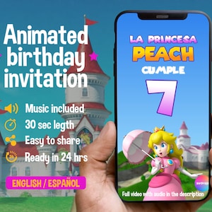 Animated Princess Peach birthday invitation, personalized digital invitation
