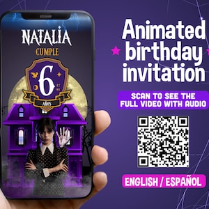 Merlina video animated birthday invitation, Wednesday Addams Party Video Invitation,