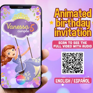 May include: A purple and pink animated birthday invitation for a girl turning 5. The invitation features a cartoon princess on a swing with a crown and the text "Vanessa 5 cumple". A QR code is included to scan for a video with audio.