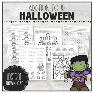 May include: Black and white printable worksheets for kids featuring Halloween themes like cauldrons, candy corn, and a Frankenstein monster. The worksheets include addition problems for numbers up to 10. The text "Addition to 10 Halloween" is at the top of the image.