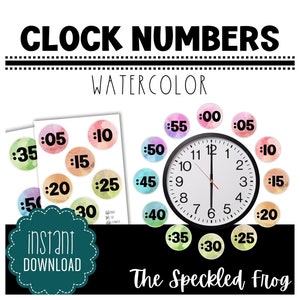 Pode incluir: Um conjunto de números de relógio de aquarela para ensinar as horas. Os números estão em um círculo ao redor de um mostrador de relógio com os números de 1 a 12. Os números são de diferentes cores, incluindo rosa, azul, verde e amarelo.