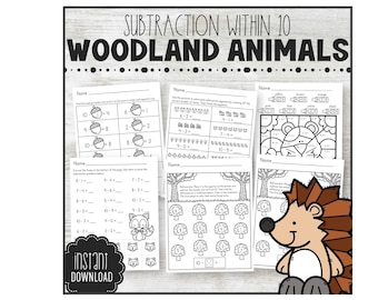 May include: Black and white printable worksheets featuring woodland animals and subtraction problems within 10. The worksheets include a fox, a hedgehog, and acorns. The text "SUBTRACTION WITHIN 10 WOODLAND ANIMALS" is at the top of the page.