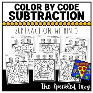 以下が含まれることがあります： コードで色塗り - 5 までの引き算 - ピザ、太陽、ハート、雲、魚、カエルの白黒イラストが描かれた印刷可能なワークシート6枚セット。各ワークシートには、5 までの引き算問題が書かれた番号による色塗りキーがあります。