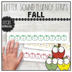 May include: Letter sound fluency strips with an apple theme. The strips feature the letters v, b, a, t, h, n, f, e, d, x, i, p, b, y, and z printed on white cards with green apple illustrations. The text "FALL" is printed in black at the top of the image.