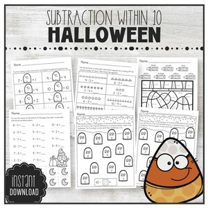 May include: Black and white printable worksheets featuring Halloween-themed subtraction problems within 10. The worksheets include ghosts, tombstones, and candy corn.