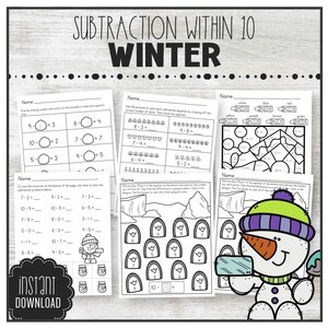 May include: Black and white printable worksheets for subtraction within 10 with a winter theme. The worksheets feature images of snowmen, penguins, and igloos. The text "SUBTRACTION WITHIN 10 WINTER" is at the top of the image.