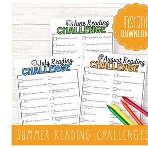 May include: Three printable summer reading challenge checklists for June, July, and August. Each checklist has a different color theme and features a fun summer icon. The checklists are designed to encourage reading throughout the summer months.