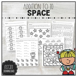 Può includere: Un set di fogli di lavoro stampabili per bambini per esercitarsi con l'addizione fino a 10 con un tema spaziale. I fogli di lavoro presentano astronauti, razzi, stelle e altre illustrazioni a tema spaziale. I fogli di lavoro sono in bianco e nero e includono una varietà di attività, come il conteggio, l'addizione e la colorazione.