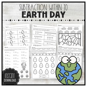 Fogli di lavoro stampabili per le sottrazioni per la scuola materna Matematica per la Giornata della Terra / DOWNLOAD IMMEDIATO / Attività lavorativa mattutina / Pagine dei compiti / Centri / S10MPED