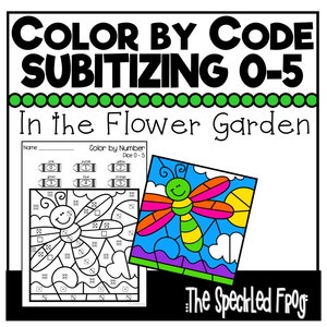 Könnte beinhalten: Malen nach Zahlen-Aktivität mit einer Libelle mit einem farbenfrohen Design. Die Aktivität trägt den Titel "Color by Code Subitizing 0-5 In the Flower Garden" und stammt von "The Speckled Frog".