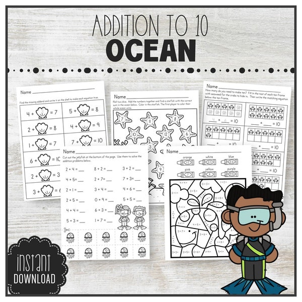Math Activity Sheets Ocean Animal Theme INSTANT DOWNLOAD Kindergarten Printable Addition within 10, Ways to Make Ten, Coloring, A10MPOC