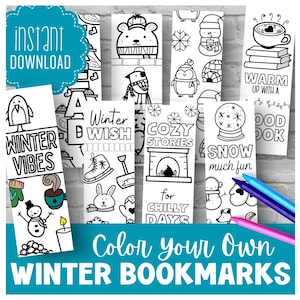 子供向けの冬の塗り絵ブックマーク | 印刷可能な自分だけの塗り絵マーカー | 雪の日の読書のインセンティブ/報酬塗り絵アクティビティ | BMWT