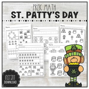 May include: Black and white printable worksheets for preschool math featuring St. Patrick's Day themes. The worksheets include counting, matching, and color identification activities.