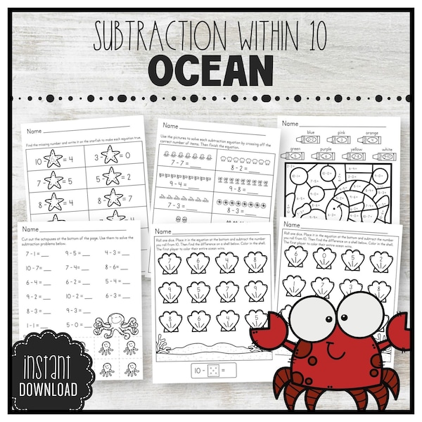 Printable Subtraction Worksheets Ocean Theme | Kindergarten Math | INSTANT DOWNLOAD | Morning Work Activity | Homework | Centers | S10MPOC