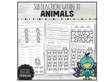 Printable Subtraction Worksheets Animal Theme Kindergarten Math, INSTANT DOWNLOAD, Wildlife Morning Work Activity Homework Centers S10MPAN