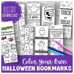 Könnte beinhalten: Eine Sammlung von Halloween-Lesezeichen zum Ausmalen. Designs umfassen Geister, Katzen, Spinnen und die Sätze "Happy Halloween", "Trick or Treat" und "Witch Way". Die Wörter "Sofort-Download" und "Male deine eigenen Halloween-Lesezeichen" sind ebenfalls sichtbar.
