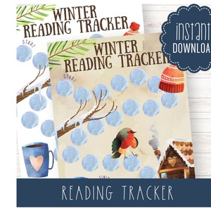 May include: Printable winter reading tracker with a snowy branch, a robin, a gingerbread house, and a blue mug with a heart. The text says "Winter Reading Tracker" and "Start".