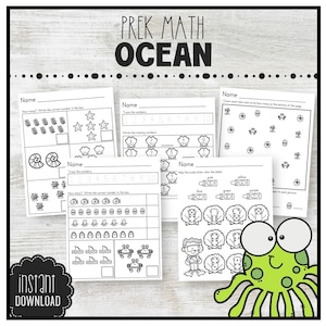 May include: A collection of black and white printable worksheets for preschool math, with an ocean theme. The worksheets include counting, number tracing, and coloring activities. The image also features a green cartoon octopus and the words "PREK MATH OCEAN" and "INSTANT DOWNLOAD".