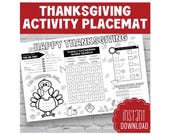 Thanksgiving Coloring Placemat | Thankful Printable Activity Page | Friendsgiving Turkey Table Mat | Family Dinner Word Search |  APTH