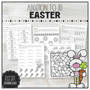 May include: Black and white printable worksheets for kids to practice addition to 10 with an Easter theme. The worksheets feature bunnies, carrots, flowers, and eggs.
