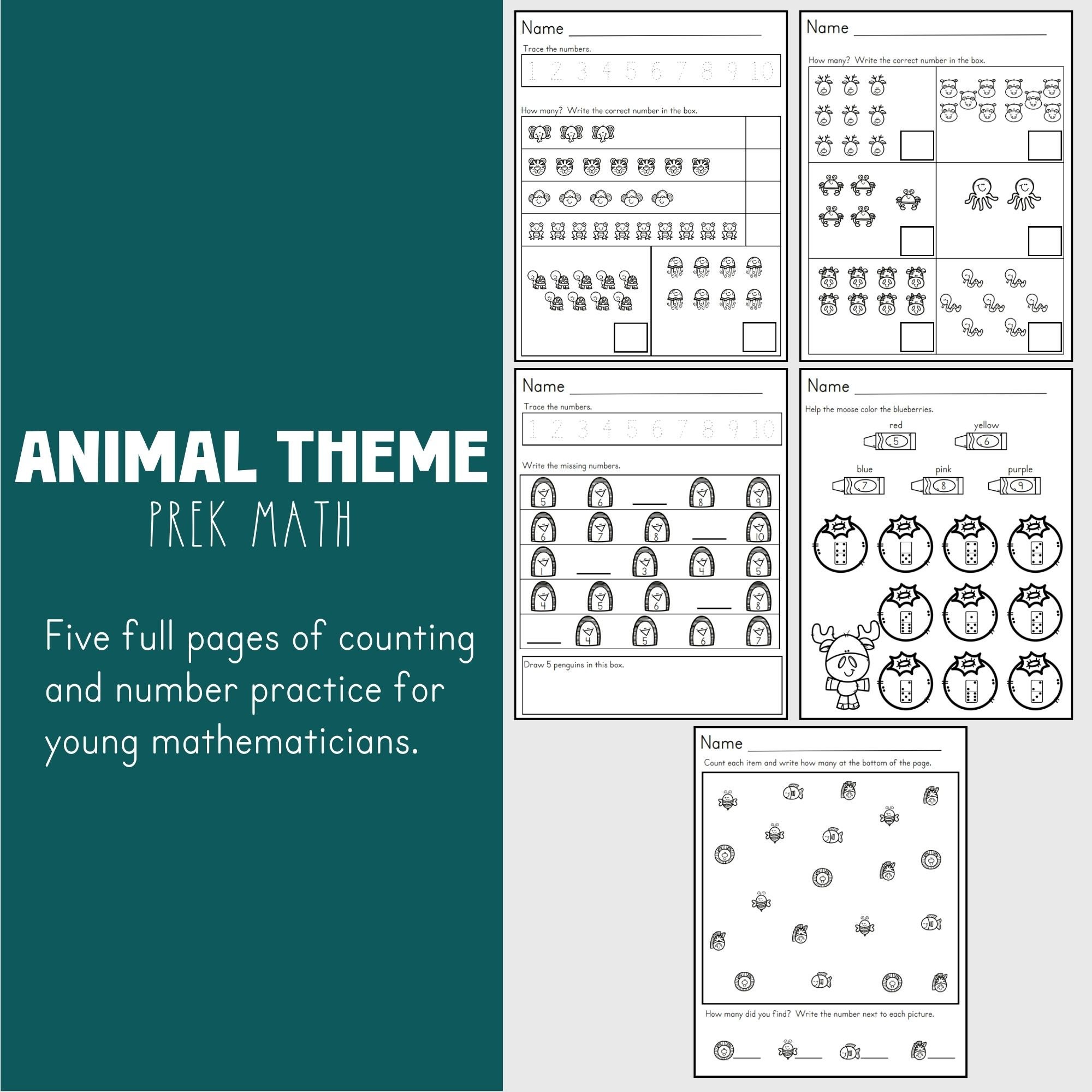 Preschool Printable Math Worksheets INSTANT DOWNLOAD Animals Counting ...