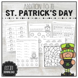 May include: Black and white printable worksheets for addition to 10 with a St. Patrick's Day theme. The worksheets feature leprechauns, pots of gold, and shamrocks.