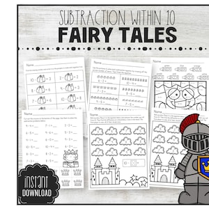 Printable Subtraction Worksheets Fairy Tale Theme Kindergarten Math, INSTANT DOWNLOAD, Morning Work Activity Homework Centers S10MPFT