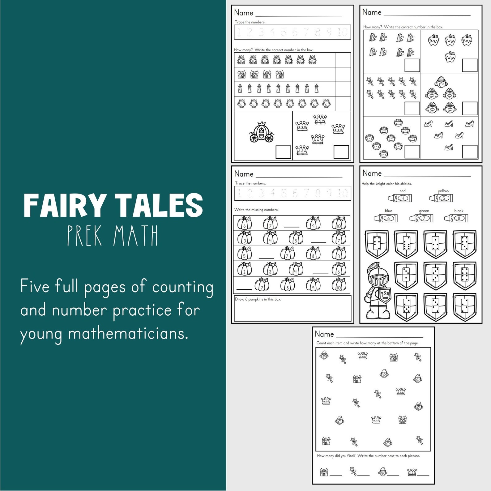 Preschool Printable Math Worksheets INSTANT DOWNLOAD Fairy Tales ...