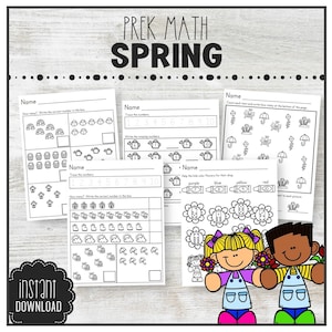 May include: Black and white printable worksheets for preschool math featuring spring-themed images like umbrellas, flowers, and clouds. The worksheets include counting, matching, and color identification activities. The text "PREK MATH SPRING" is at the top of the image.
