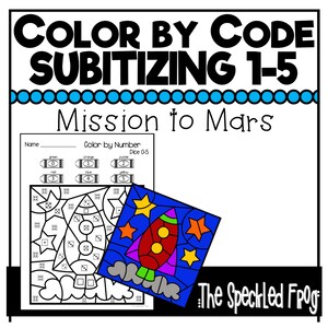 Op de afbeelding: Kleur-per-nummer-activiteitsblad met een raket met sterren en planeten. De titel is "Missie naar Mars" en het blad is gelabeld "Kleur per Nummer Dobbelsteen 0-5".