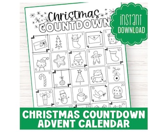 May include: A black and white printable Christmas countdown advent calendar with 25 squares, each containing a different Christmas-themed illustration. The text "Christmas Countdown" and "Instant Download" are at the top of the calendar.