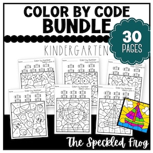 May include: A bundle of 30 printable color by number worksheets for kindergarten. The worksheets feature addition and subtraction problems. The image shows a sample worksheet with a sailboat.