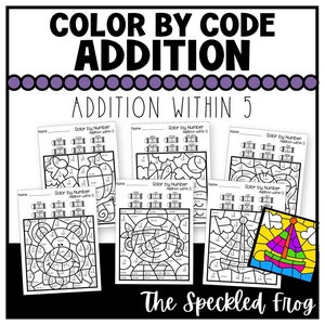 May include: Color by number addition worksheets for kids. Six black and white printable worksheets feature different pictures to color in by solving simple addition problems within 5. The worksheets are titled "Color by Number Addition Within 5".