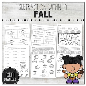 May include: Black and white printable worksheets for subtraction within 10 with a fall theme. The worksheets feature apples, pumpkins, and a color-by-number activity.