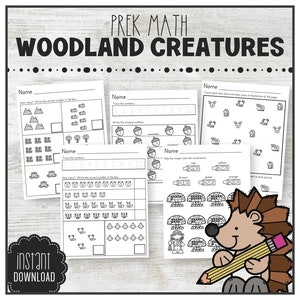 Puede incluir: Hojas de trabajo imprimibles en blanco y negro para matemáticas de preescolar con criaturas del bosque. Las hojas de trabajo incluyen actividades de conteo, reconocimiento de números y coincidencia. El título "PREK MATH WOODLAND CREATURES" está en la parte superior de la imagen. La imagen también incluye el texto "instant DOWNLOAD".