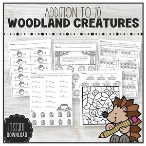 May include: Black and white printable worksheets for kids to practice addition to 10. The worksheets feature woodland creatures like squirrels, owls, and hedgehogs. The worksheets include a color-by-number activity with a hedgehog.